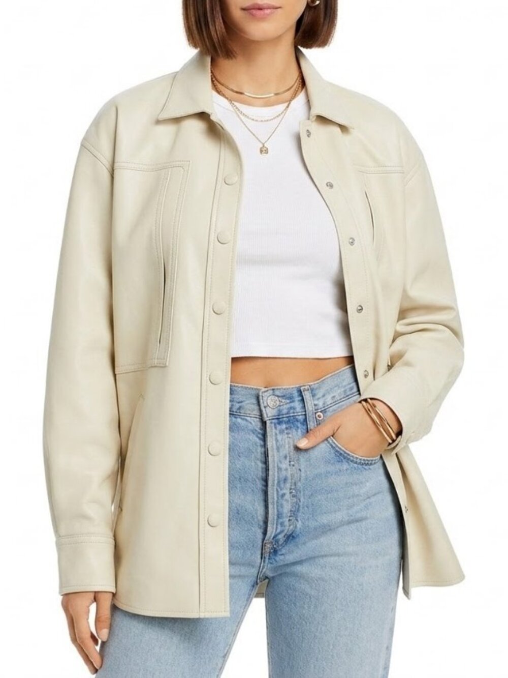 AGOLDE Vegan Leather Shacket Medium Cream Oversized Shirt Jacket EUC